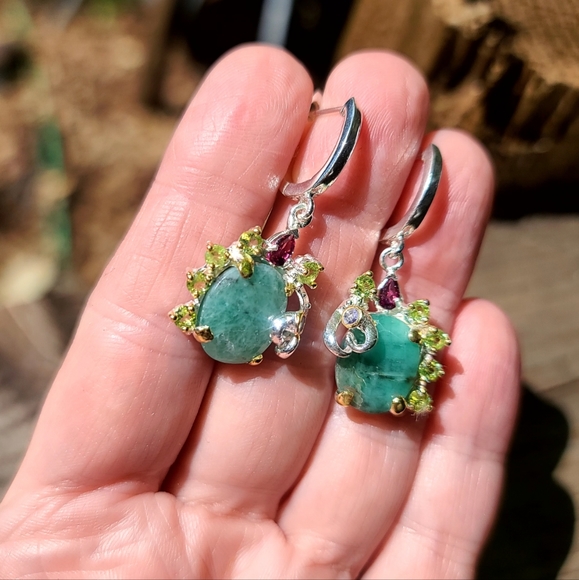 Emerald Peridot Crome Diopside &Tanzanite sterling earrings - Picture 6 of 8